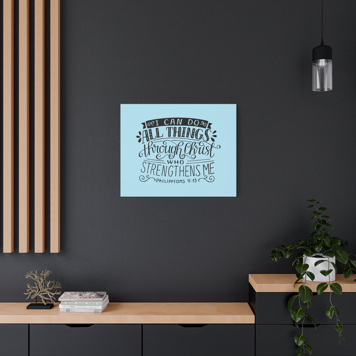 Scripture Canvas Through Christ Philippians 4:13 Sky Blue Christian Wall Art Bible Verse Print Ready to Hang