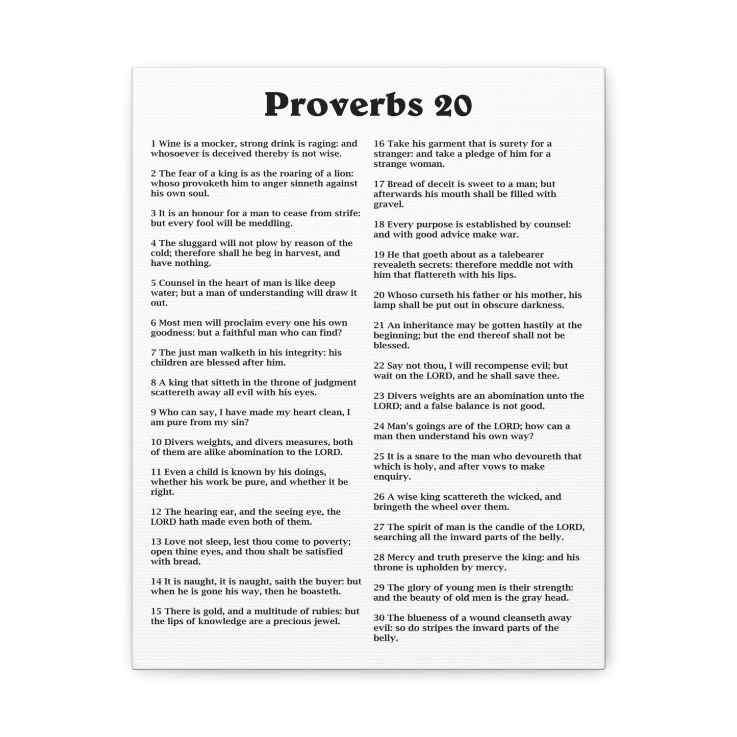 Proverbs Chapter 20 White Bible Canvas Christian Wall Art Ready to Hang Unframed