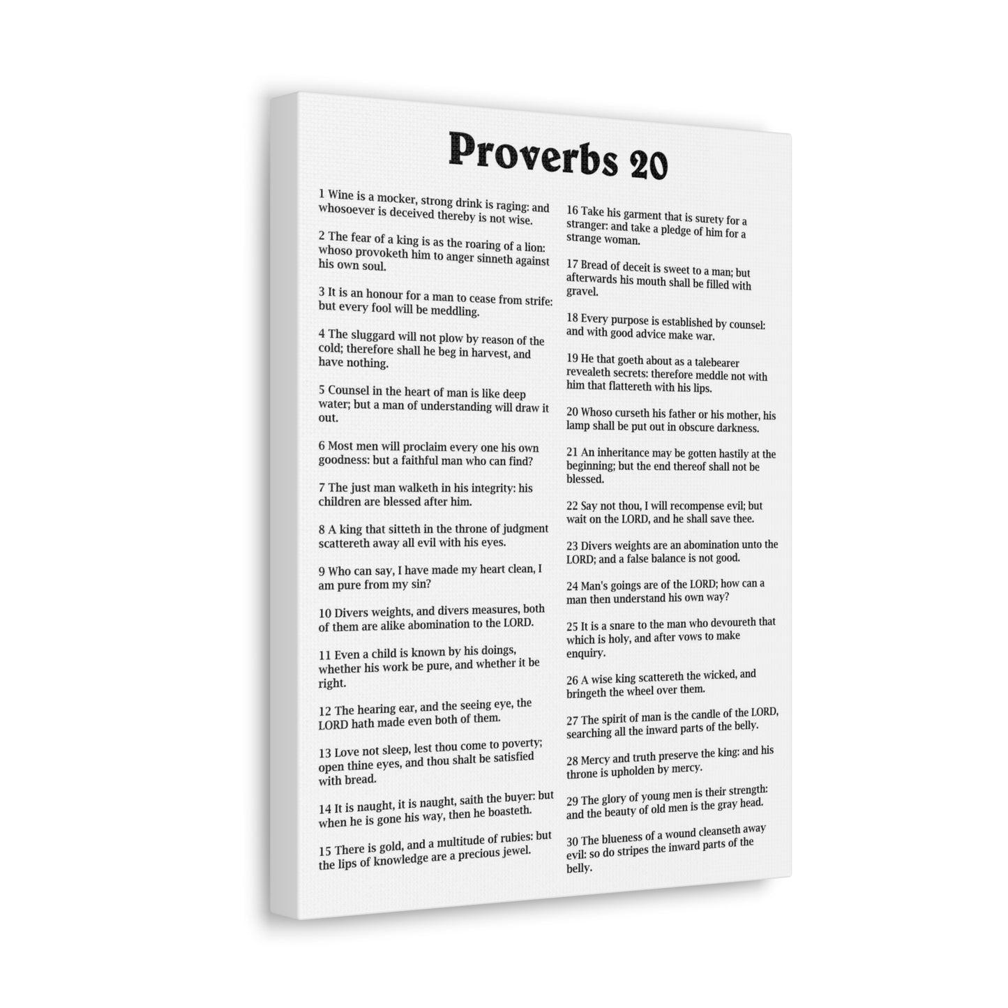 Proverbs Chapter 20 White Bible Canvas Christian Wall Art Ready to Hang Unframed