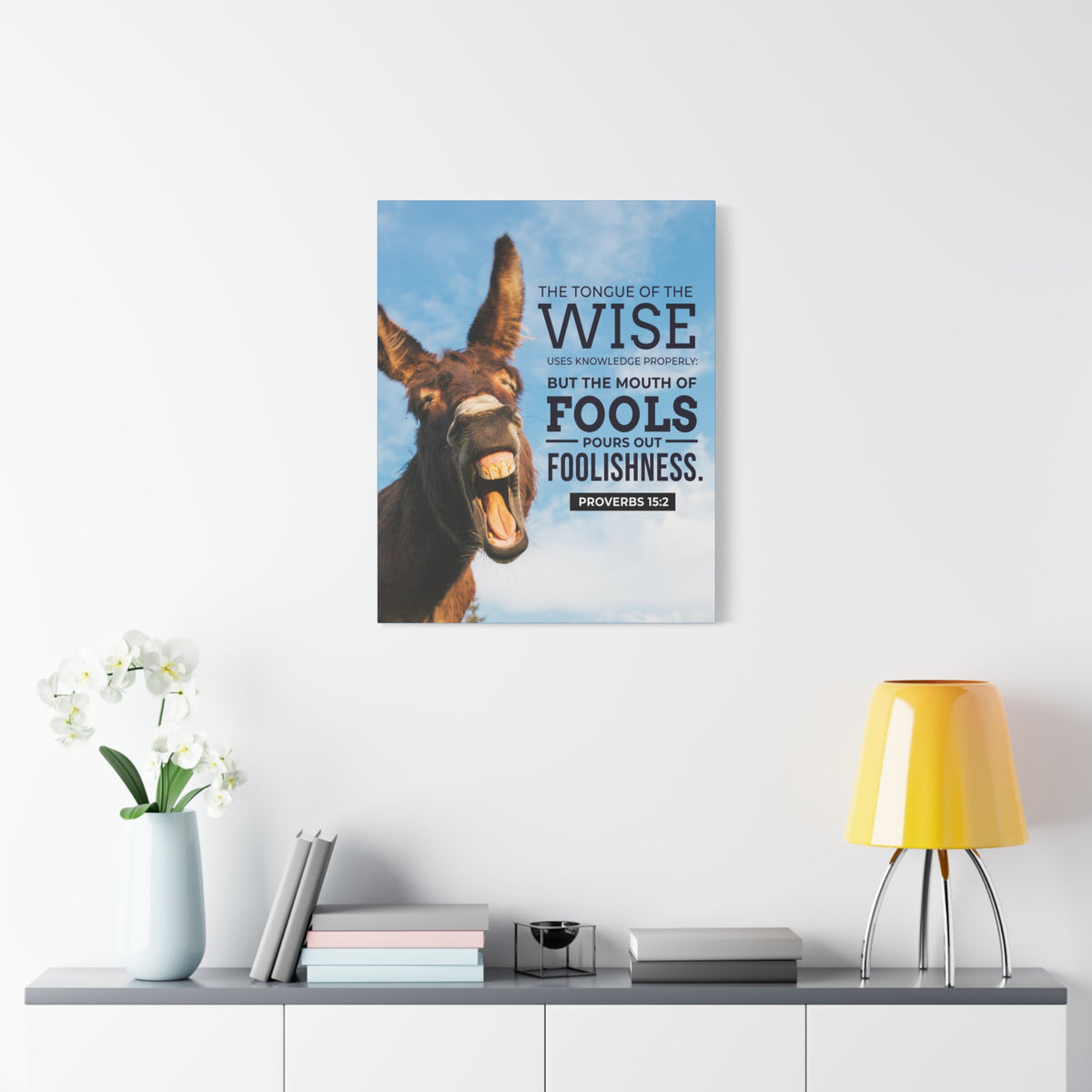 Scripture Canvas Grievous Words Donkey Proverbs 15:2 Christian Wall Art Bible Verse Print Ready to Hang
