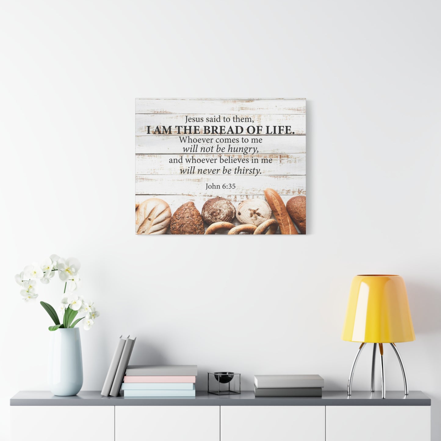 Bible Verse Canvas Bread of Life John 6:35 Scripture Wall Art Christian Home Decor