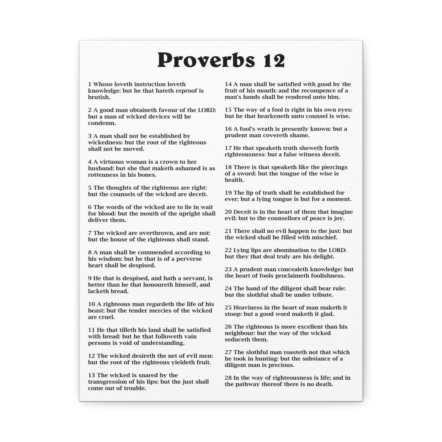 Proverbs Chapter 12 White Bible Canvas Christian Wall Art Ready to Hang Unframed