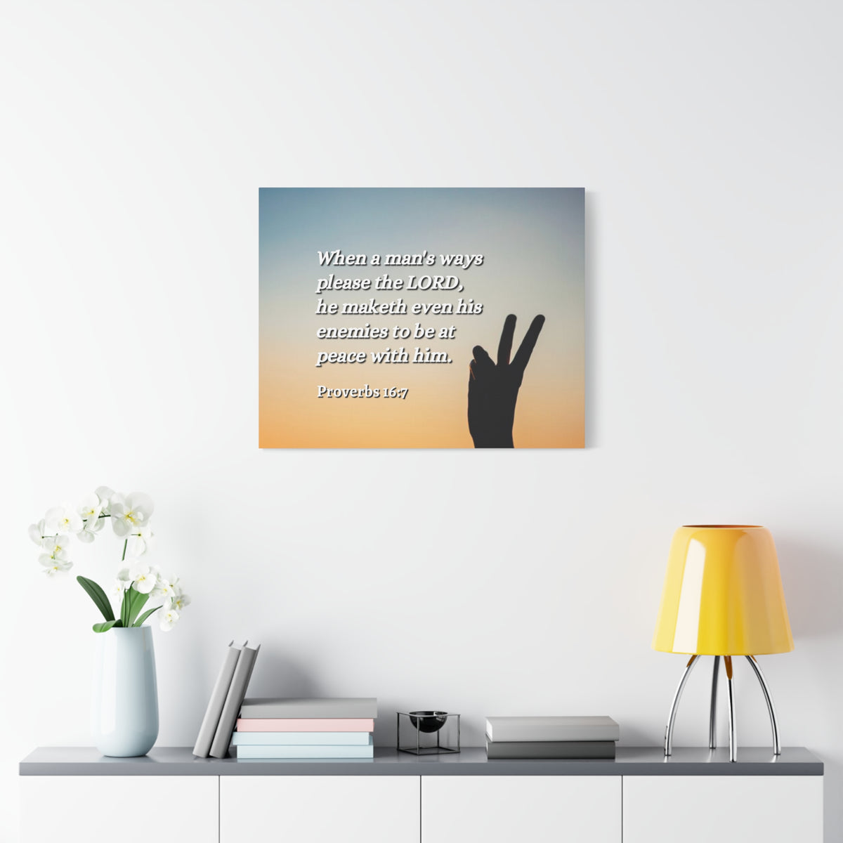 Scripture Canvas At Peace Proverbs 16:7 Christian Wall Art Bible Verse Print Ready to Hang