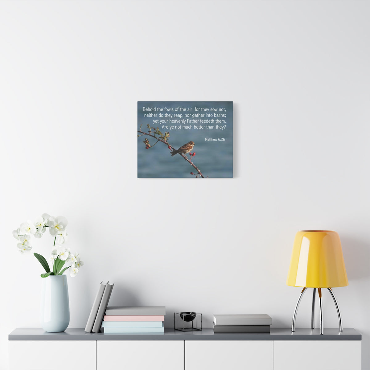 Scripture Canvas Behold The Fowls Matthew 6:26 Christian Wall Art Bible Verse Print Ready to Hang