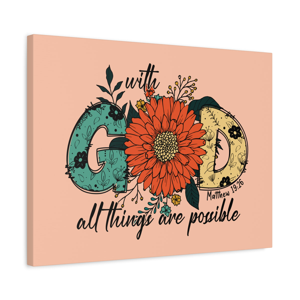 Scripture Canvas With God Mark 10:27 Three Flowers Peach Christian Wall Art Bible Verse Print Ready to Hang