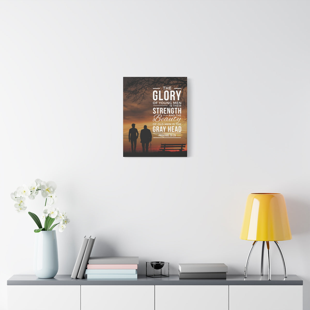 Scripture Canvas The Glory of Young Men Proverbs 20:29 Christian Wall Art Bible Verse Print Ready to Hang