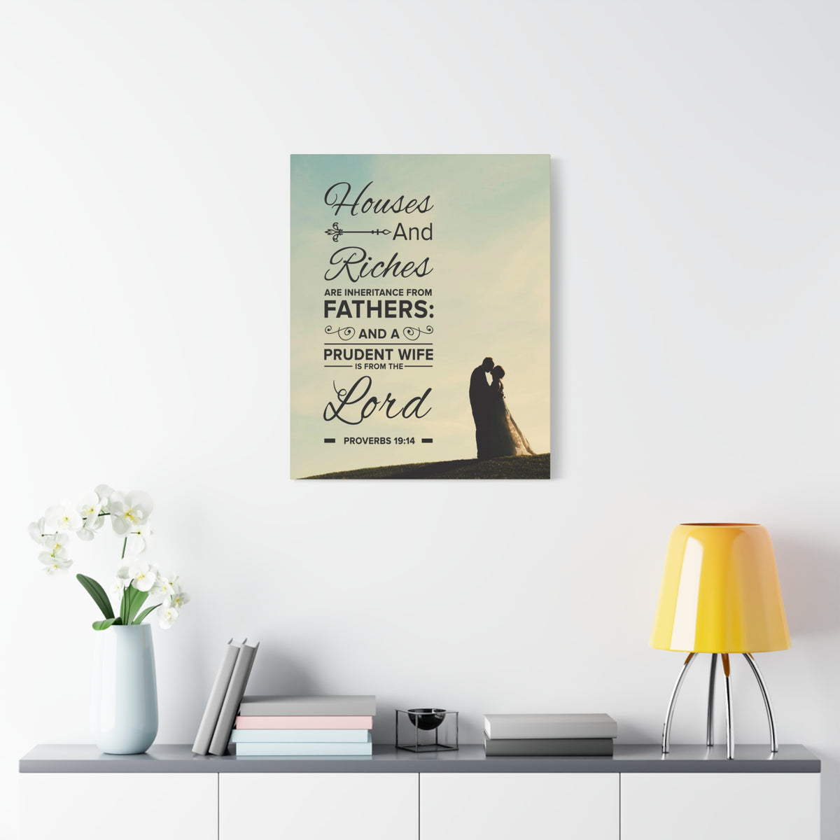 Scripture Canvas House and Riches Proverbs 19:14 Christian Wall Art Bible Verse Print Ready to Hang