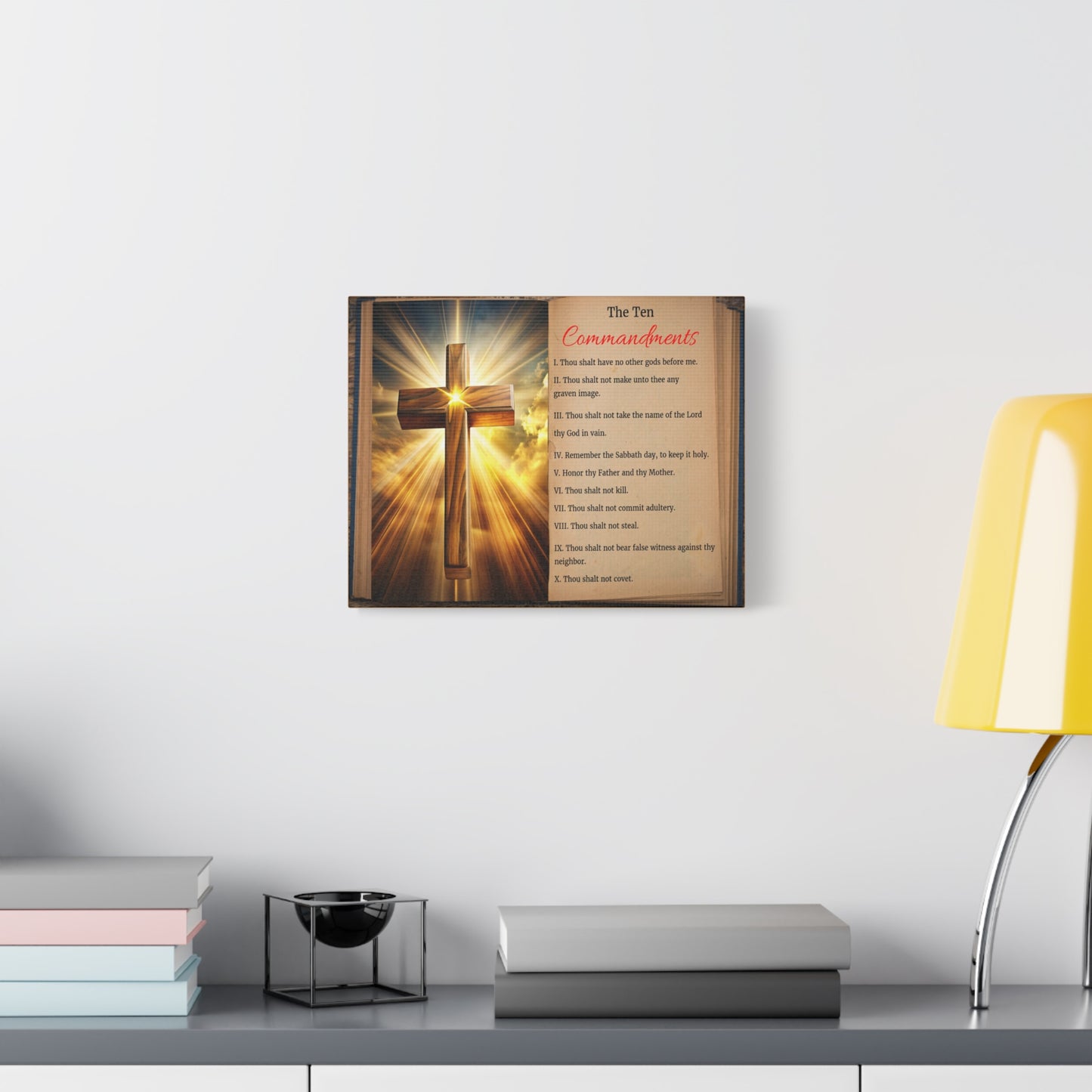 The Ten Commandments Open Book Cross Bible Canvas Christian Wall Art Ready to Hang Unframed
