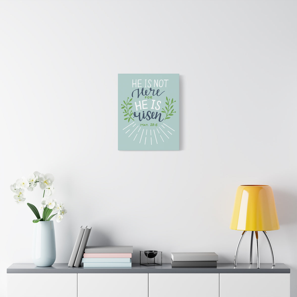 Scripture Canvas He Is Risen Green Leaves Mat 28:6 Christian Wall Art Bible Verse Print Ready to Hang
