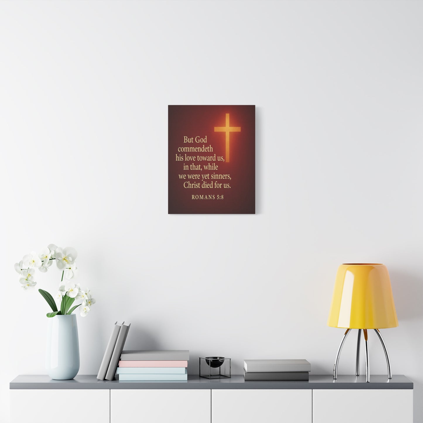 Bible Verse Canvas Romans 5:8 Christian Home Décor Wall Art Scripture Ready to Hang Faith Print