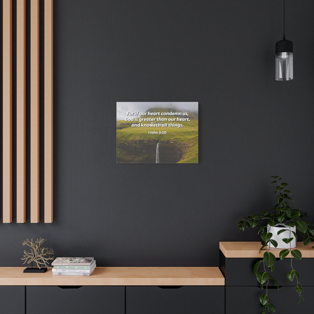 Scripture Canvas God Is Greater 1 John 3:20 Christian Wall Art Bible Verse Print Ready to Hang