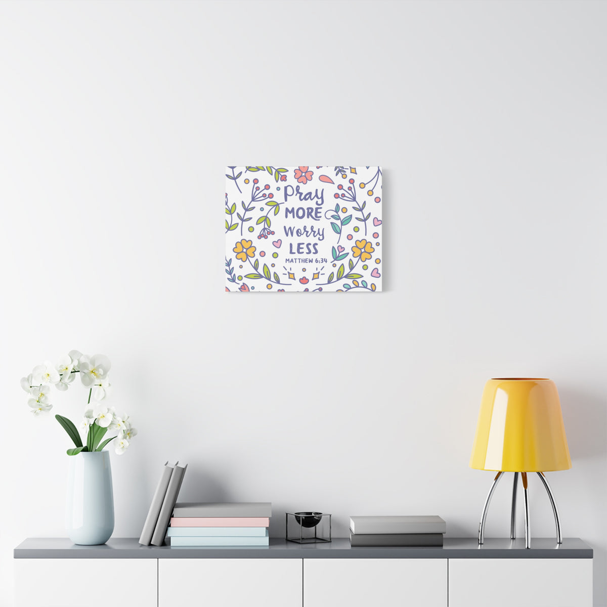 Scripture Canvas Pray More, Worry Less Matthew 6:34 Christian Wall Art Bible Verse Print Ready to Hang