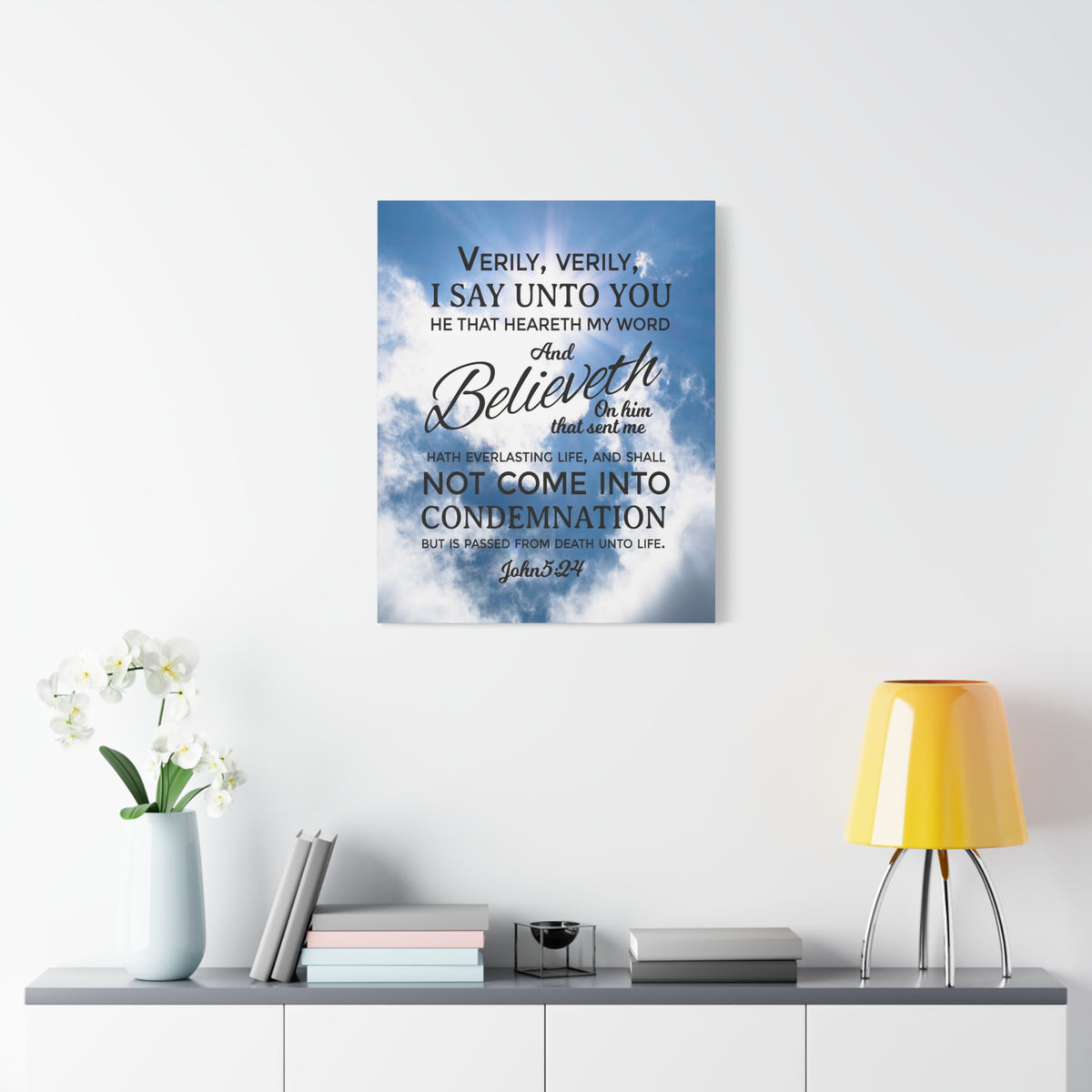 Scripture Canvas Everlasting Life John 5:24 Christian Wall Art Bible Verse Print Ready to Hang