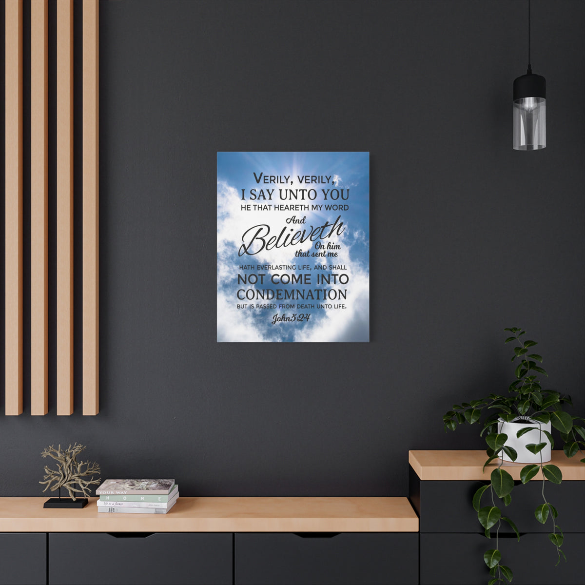 Scripture Canvas Everlasting Life John 5:24 Christian Wall Art Bible Verse Print Ready to Hang