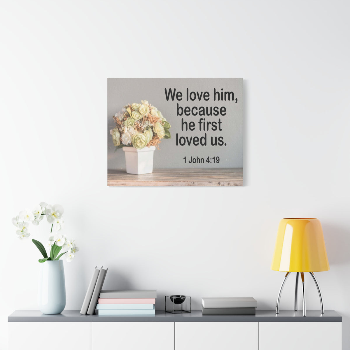 Scripture Canvas He First Loved Us 1 John 4:19 Christian Wall Art Bible Verse Print Ready to Hang
