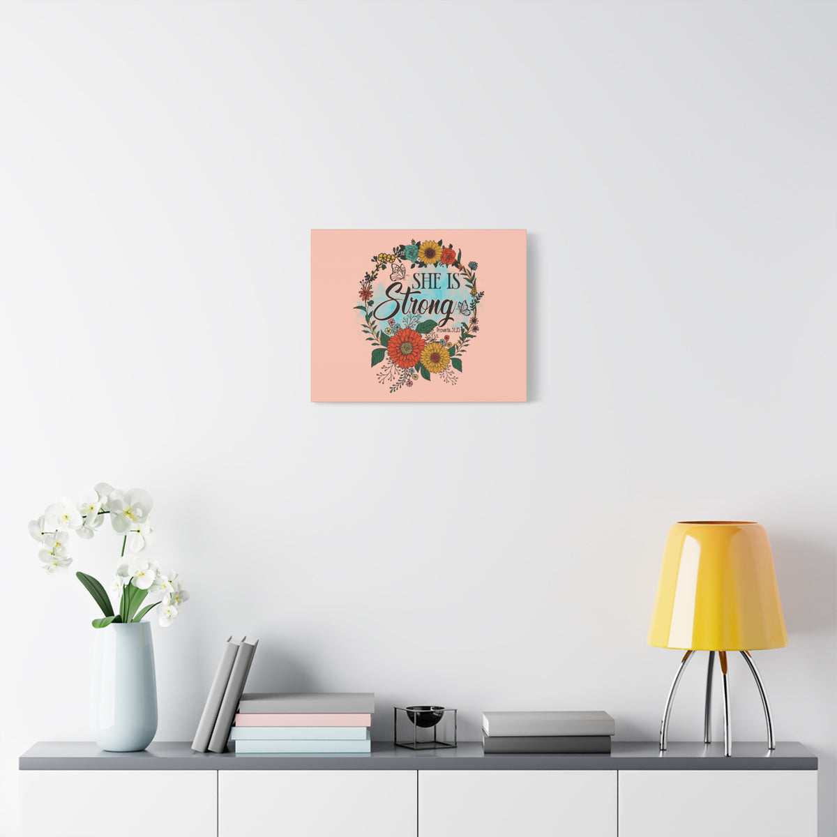 Scripture Canvas She Is Strong Peach Proverbs 31:25 Christian Wall Art Bible Verse Print Ready to Hang