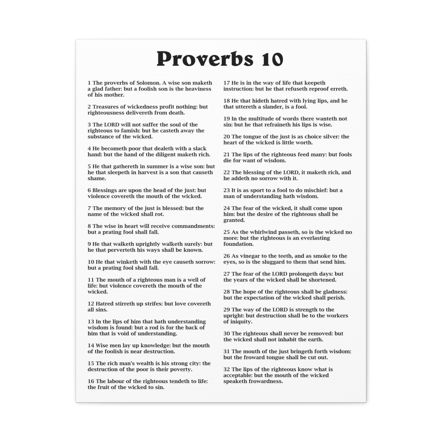 Proverbs Chapter 10 White Bible Canvas Christian Wall Art Ready to Hang Unframed