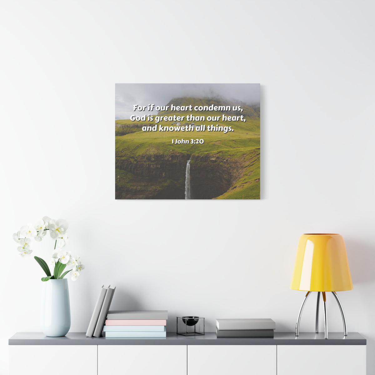 Scripture Canvas God Is Greater 1 John 3:20 Christian Wall Art Bible Verse Print Ready to Hang