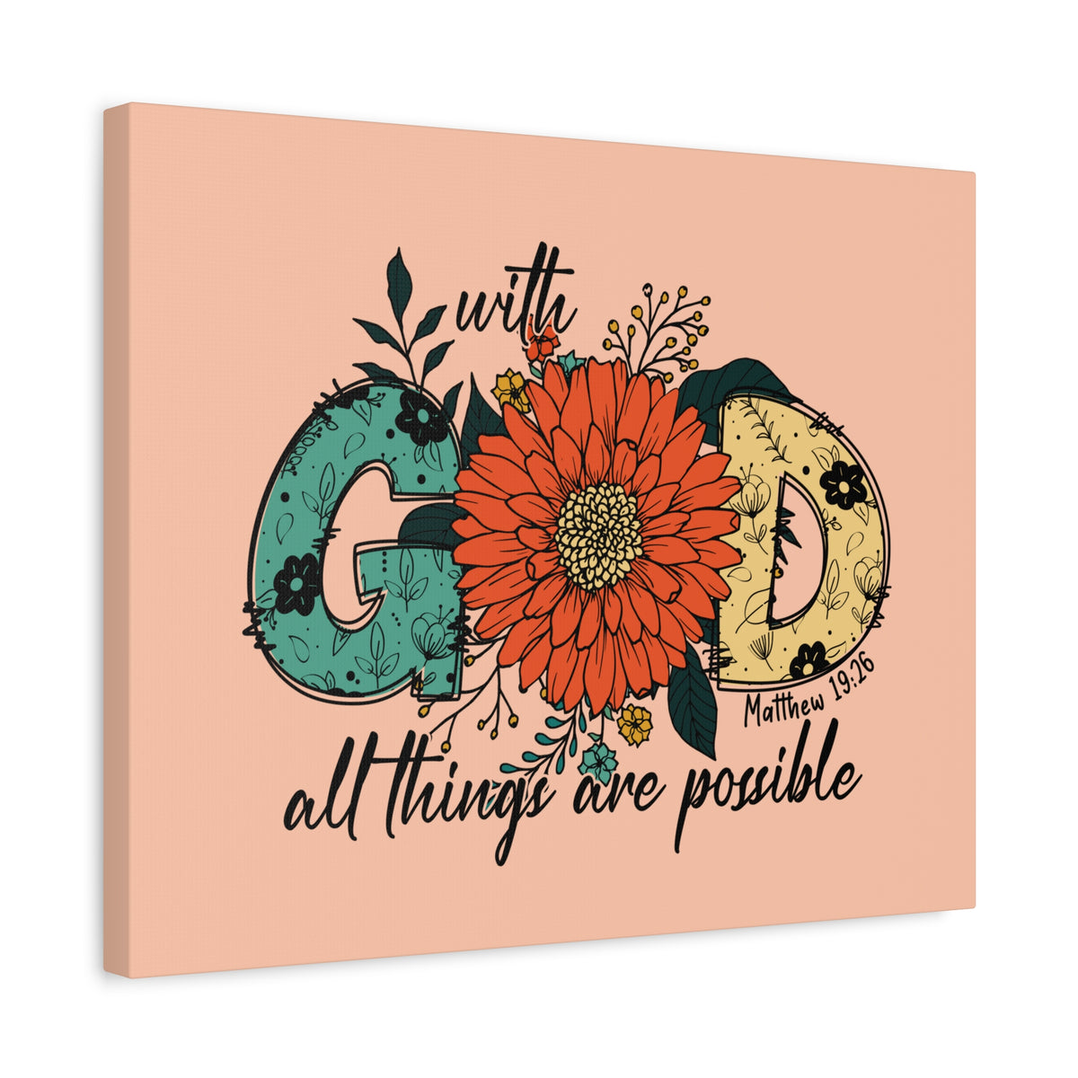 Scripture Canvas With God Mark 10:27 Three Flowers Peach Christian Wall Art Bible Verse Print Ready to Hang