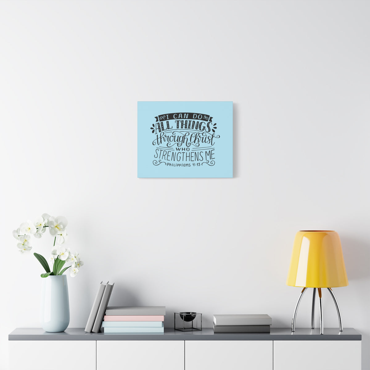Scripture Canvas Through Christ Philippians 4:13 Sky Blue Christian Wall Art Bible Verse Print Ready to Hang