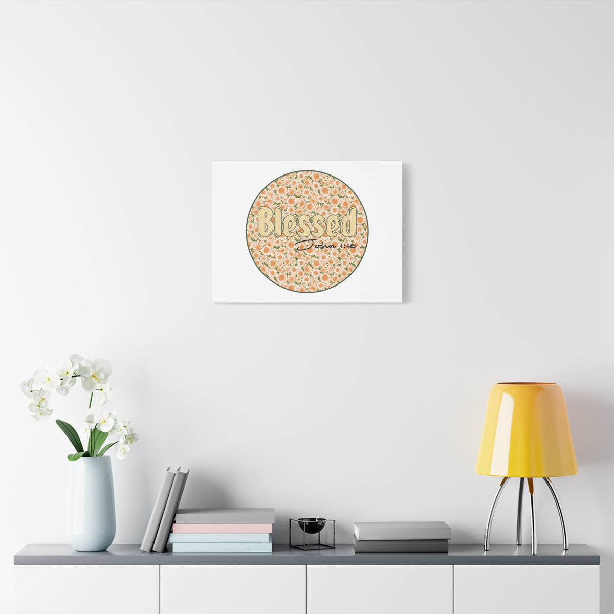 Scripture Canvas Blessed John 1:16 Flower Circle Christian Wall Art Bible Verse Print Ready to Hang
