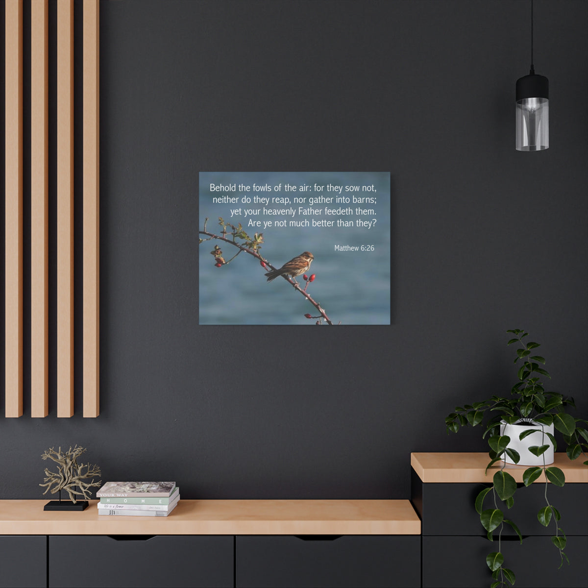 Scripture Canvas Behold The Fowls Matthew 6:26 Christian Wall Art Bible Verse Print Ready to Hang