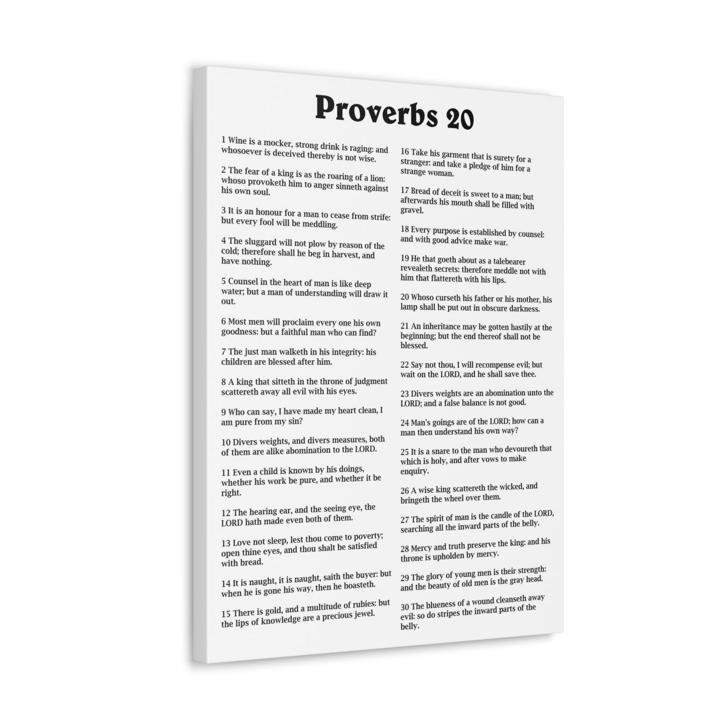 Proverbs Chapter 20 White Bible Canvas Christian Wall Art Ready to Hang Unframed