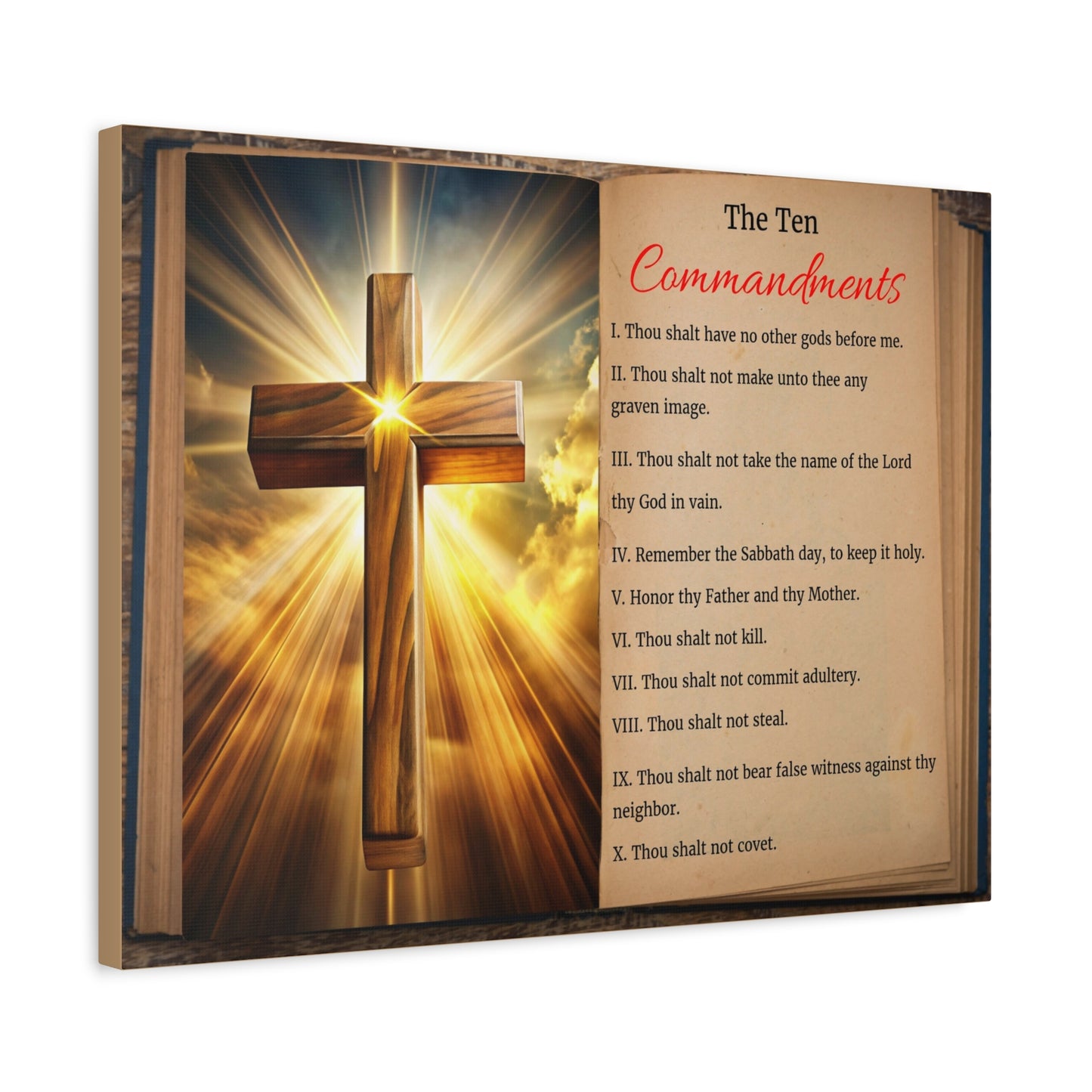 The Ten Commandments Open Book Cross Bible Canvas Christian Wall Art Ready to Hang Unframed