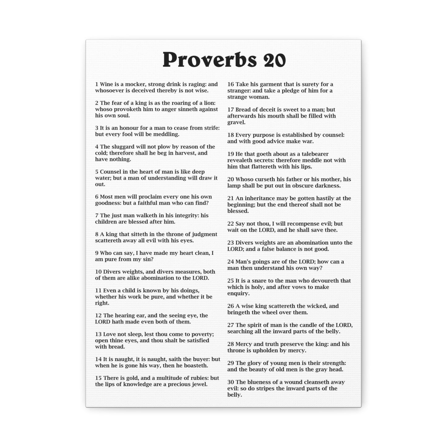 Proverbs Chapter 20 White Bible Canvas Christian Wall Art Ready to Hang Unframed