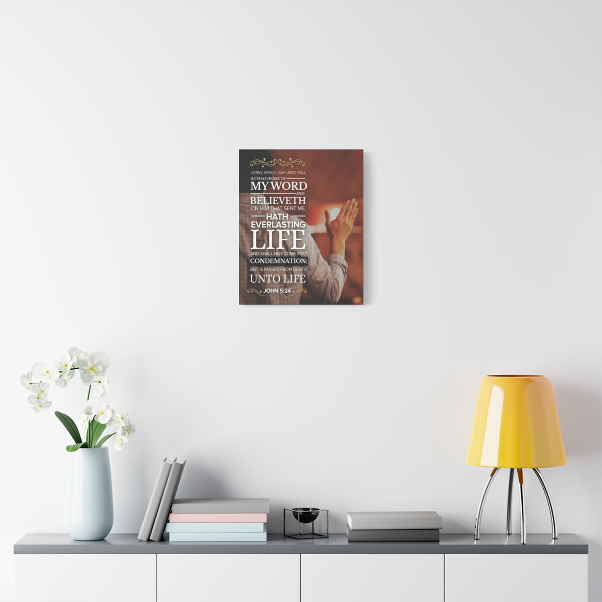 Scripture Canvas Believeth On Him John 5:24 Christian Wall Art Bible Verse Print Ready to Hang