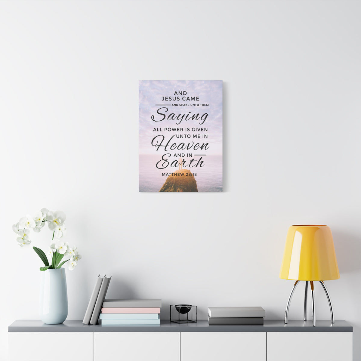 Scripture Canvas Heaven and Earth Matthew 28:18 Christian Wall Art Bible Verse Print Ready to Hang