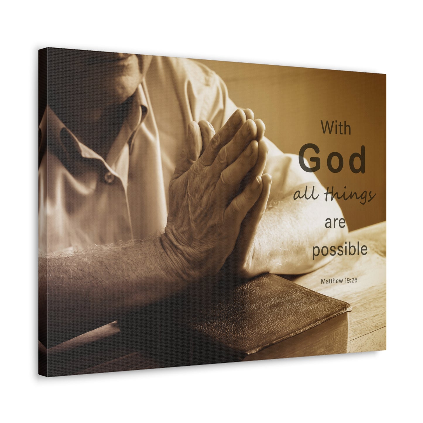 With God Matthew 19:26 Praying Hands Bible Verse Canvas Christian Wall Art Ready to Hang
