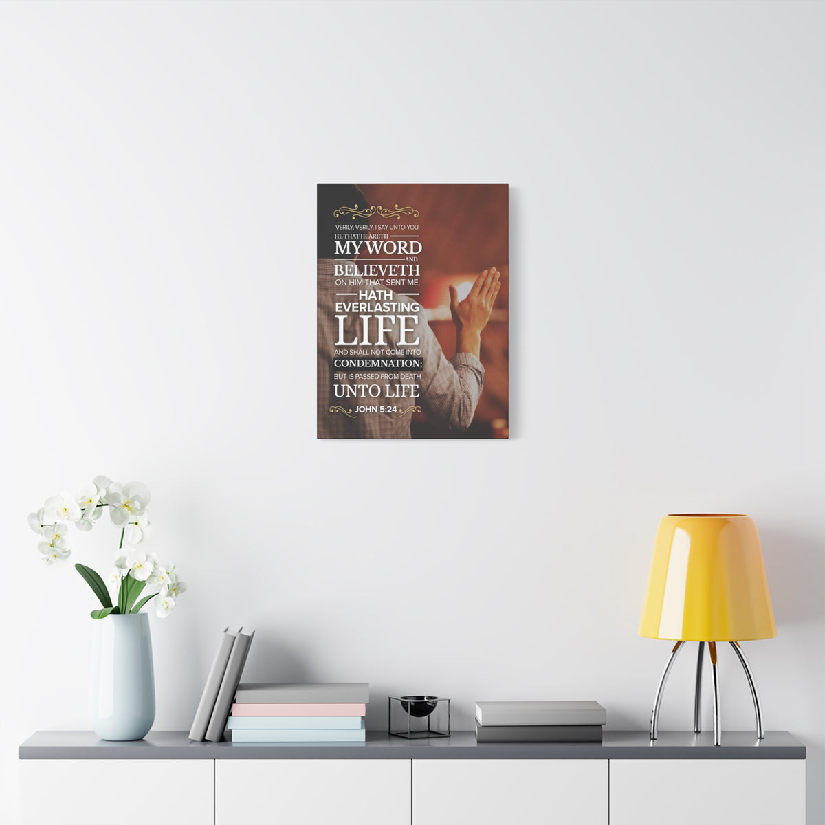 Scripture Canvas Believeth On Him John 5:24 Christian Wall Art Bible Verse Print Ready to Hang