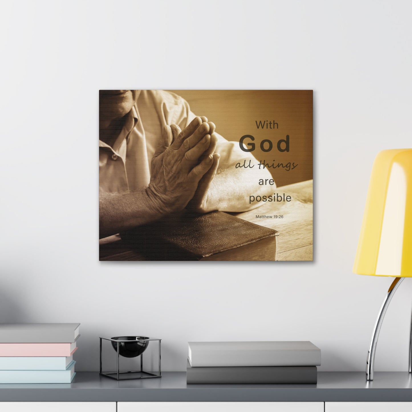 With God Matthew 19:26 Praying Hands Bible Verse Canvas Christian Wall Art Ready to Hang