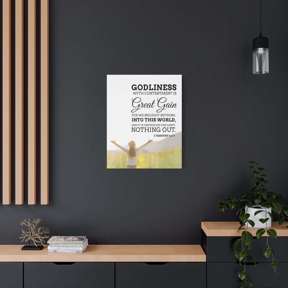 Scripture Canvas Godliness with Contentment 1 Timothy 6:6-7 Christian Wall Art Bible Verse Print Ready to Hang