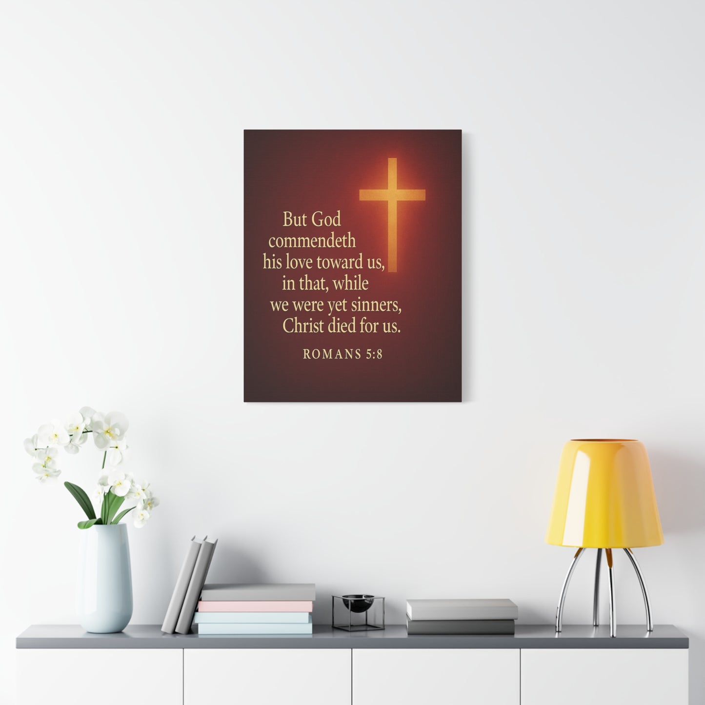 Bible Verse Canvas Romans 5:8 Christian Home Décor Wall Art Scripture Ready to Hang Faith Print