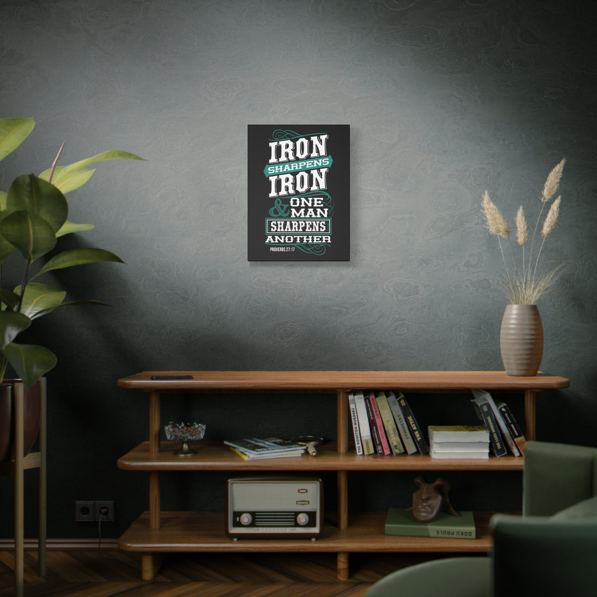 Scripture Canvas Iron Sharpens Iron Proverbs 27:17 Christian Wall Art Bible Verse Print Ready to Hang