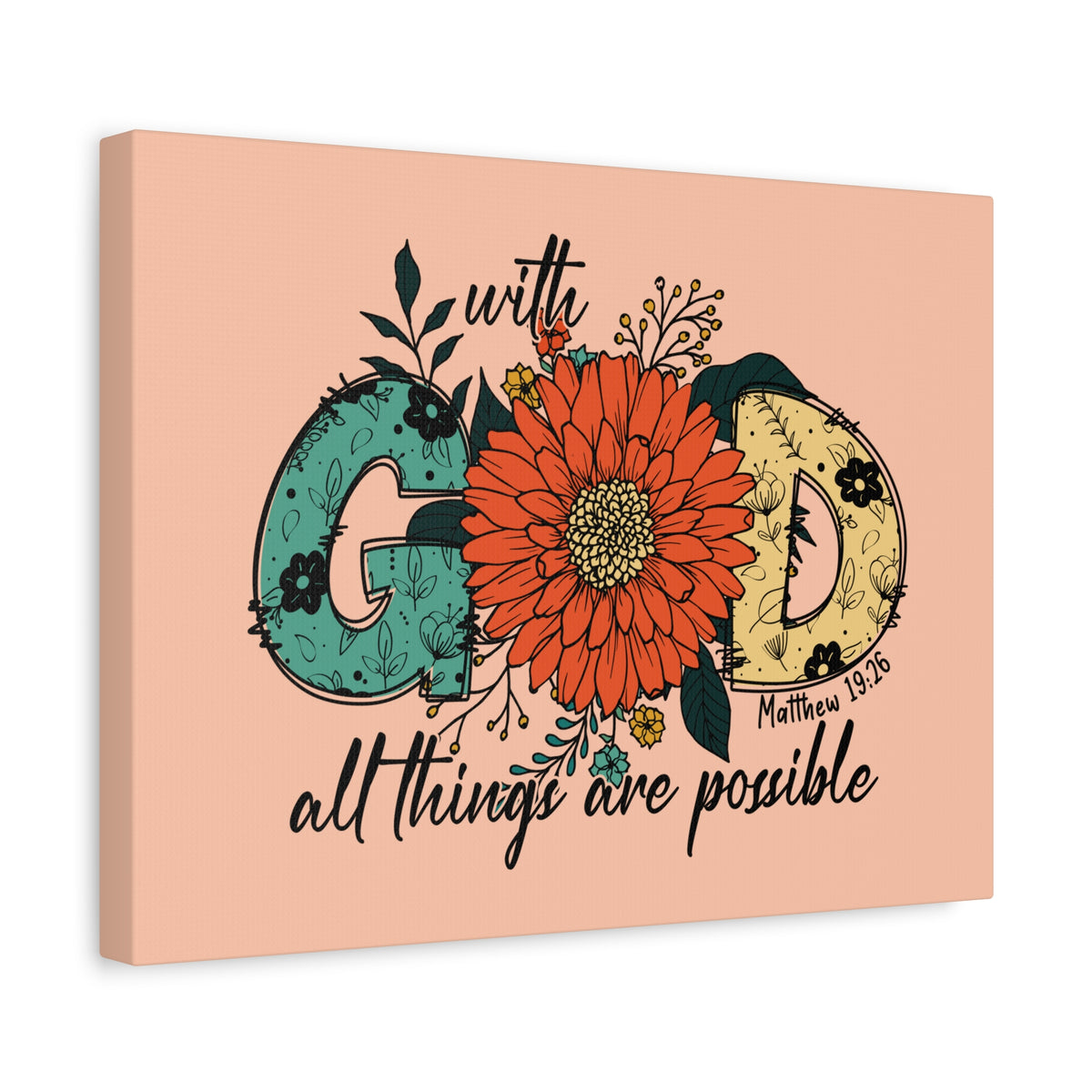 Scripture Canvas With God Mark 10:27 Three Flowers Peach Christian Wall Art Bible Verse Print Ready to Hang