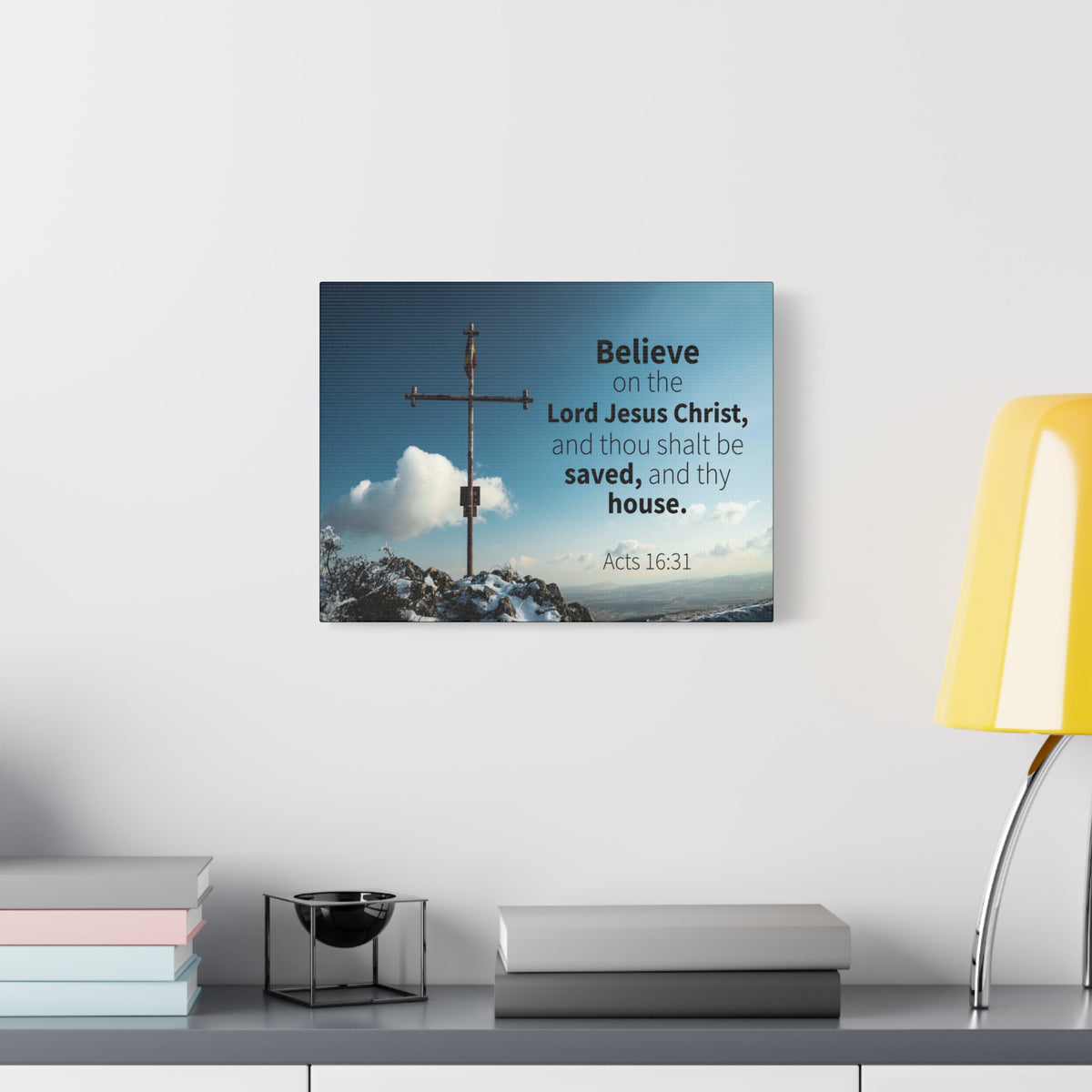 Scripture Canvas Believe Acts 16:31 Christian Wall Art Bible Verse Print Ready to Hang