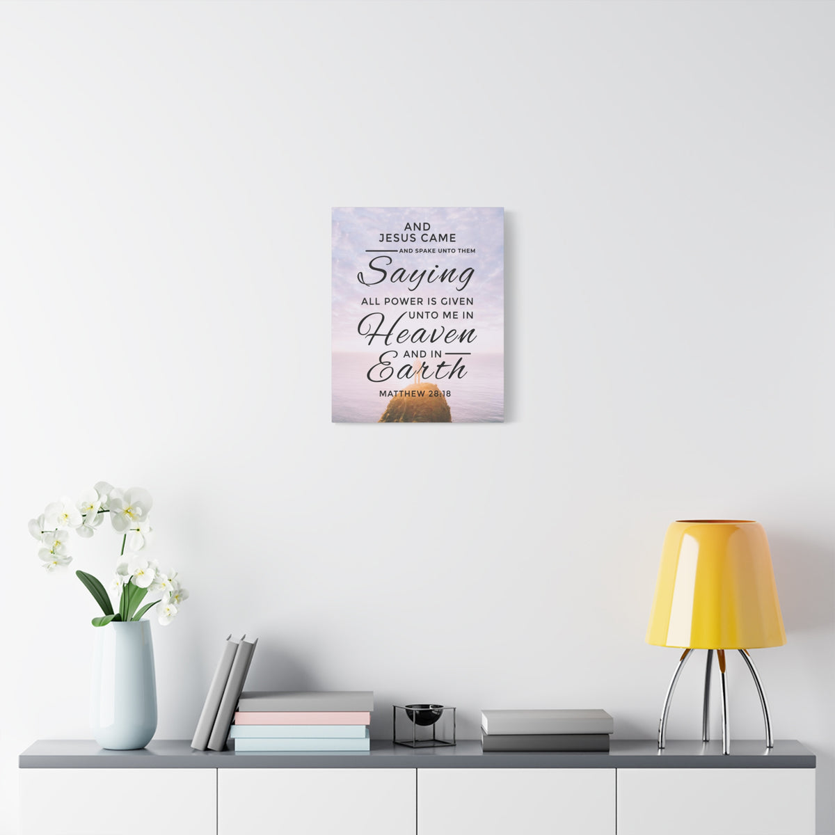 Scripture Canvas Heaven and Earth Matthew 28:18 Christian Wall Art Bible Verse Print Ready to Hang