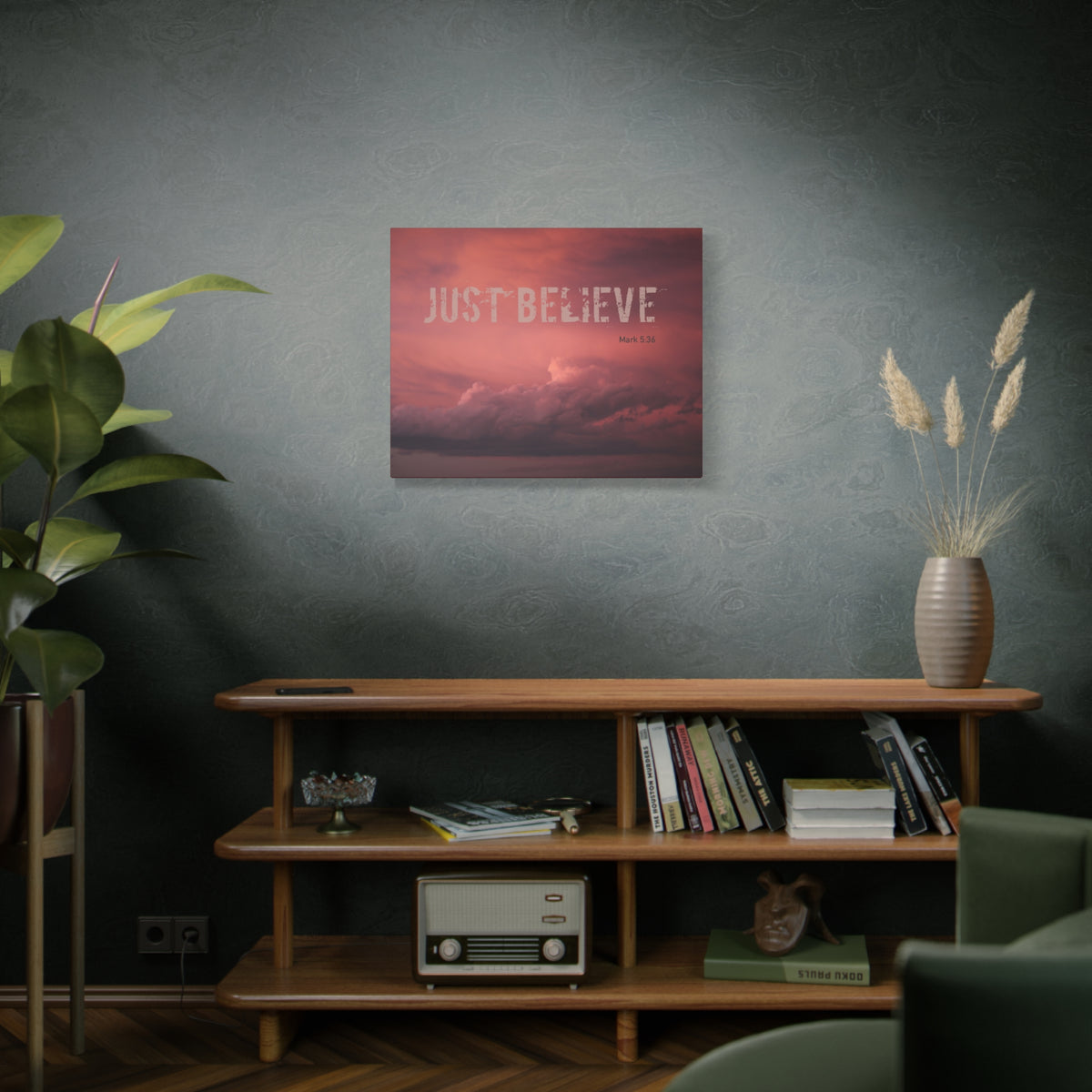 Scripture Canvas Just Believe Red Mark 5:36 Christian Wall Art Bible Verse Print Ready to Hang
