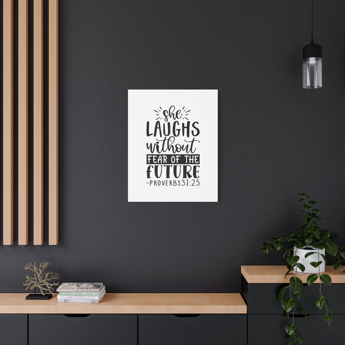 Scripture Canvas She Laughs Without Fear Proverbs 31:25 Christian Wall Art Bible Verse Print Ready to Hang