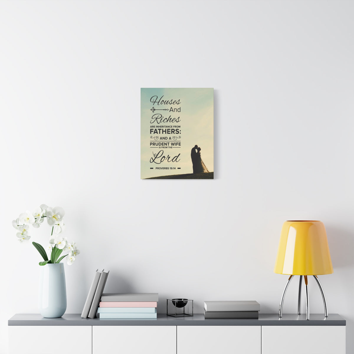Scripture Canvas House and Riches Proverbs 19:14 Christian Wall Art Bible Verse Print Ready to Hang