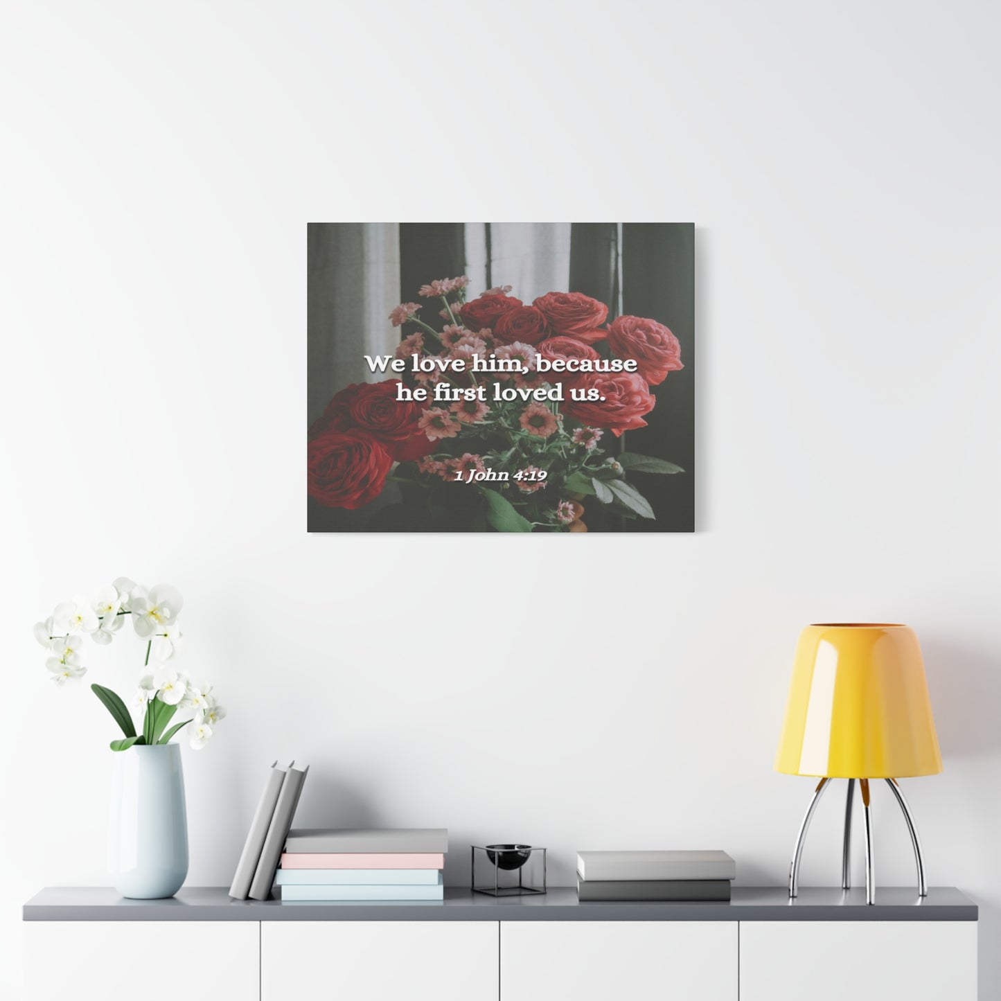 Scripture Canvas Because He First Loved Us 1 John 4:19 Christian Wall Art Bible Verse Print Ready to Hang