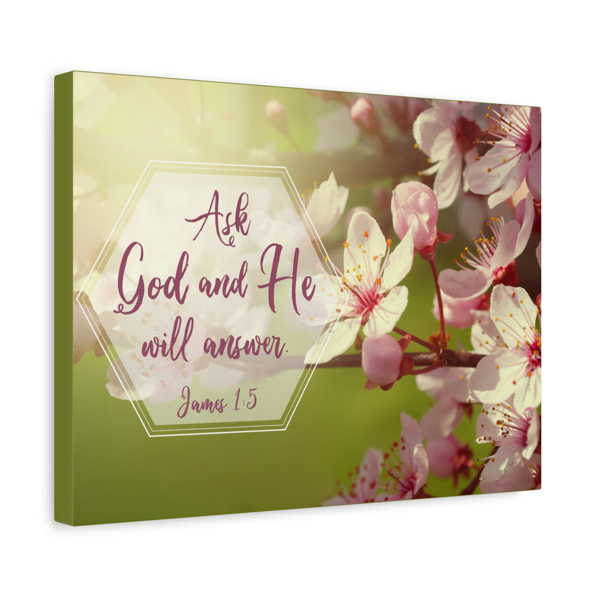 Scripture Canvas He Will Answer James 1:5 Pink Flower Christian Wall Art Bible Verse Print Ready to Hang