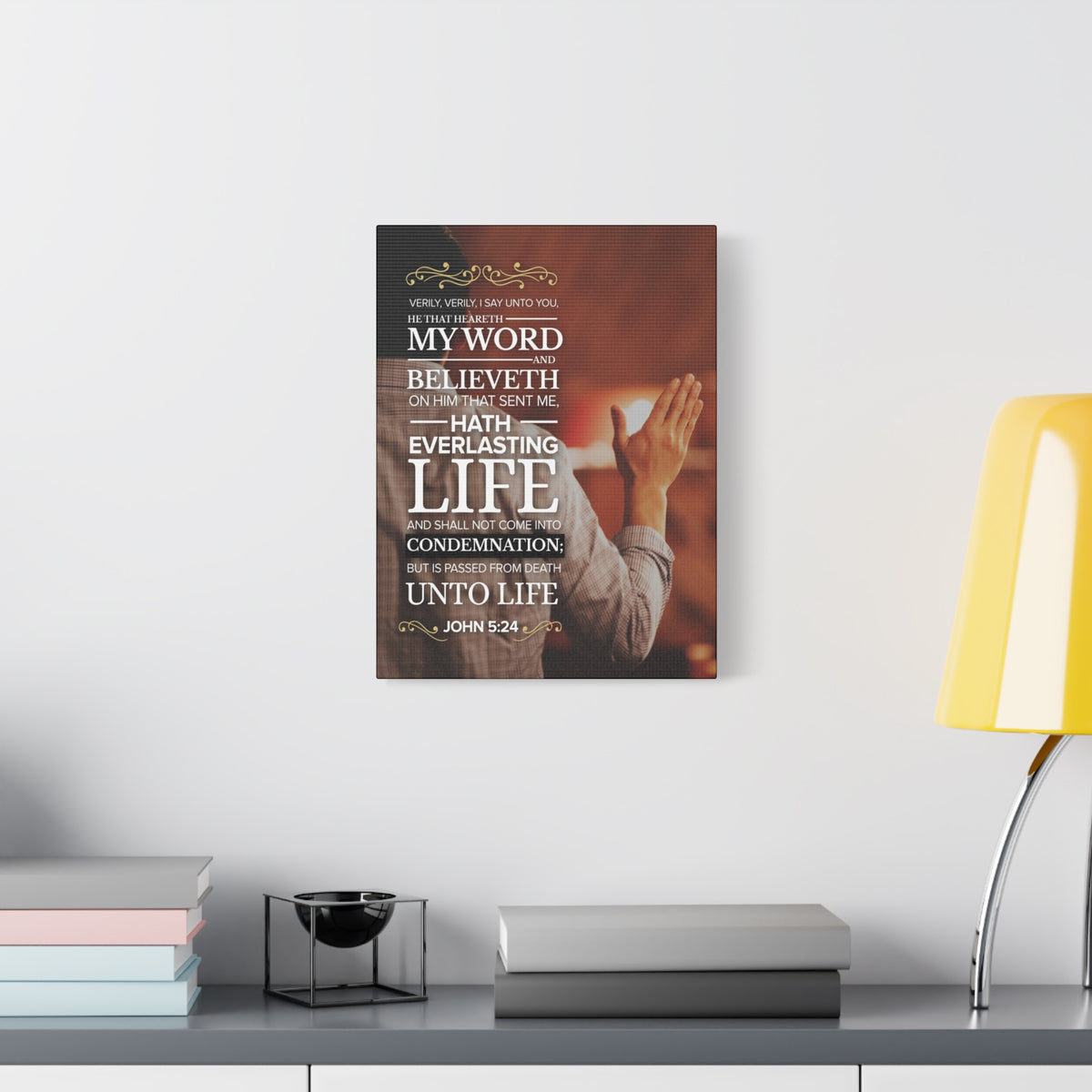 Scripture Canvas Believeth On Him John 5:24 Christian Wall Art Bible Verse Print Ready to Hang