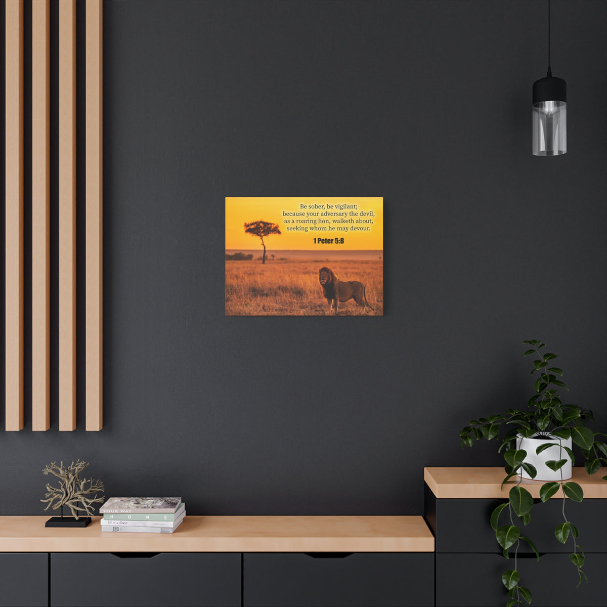 Scripture Canvas Roaring Lion 1 Peter 5:8 Christian Wall Art Bible Verse Print Ready to Hang