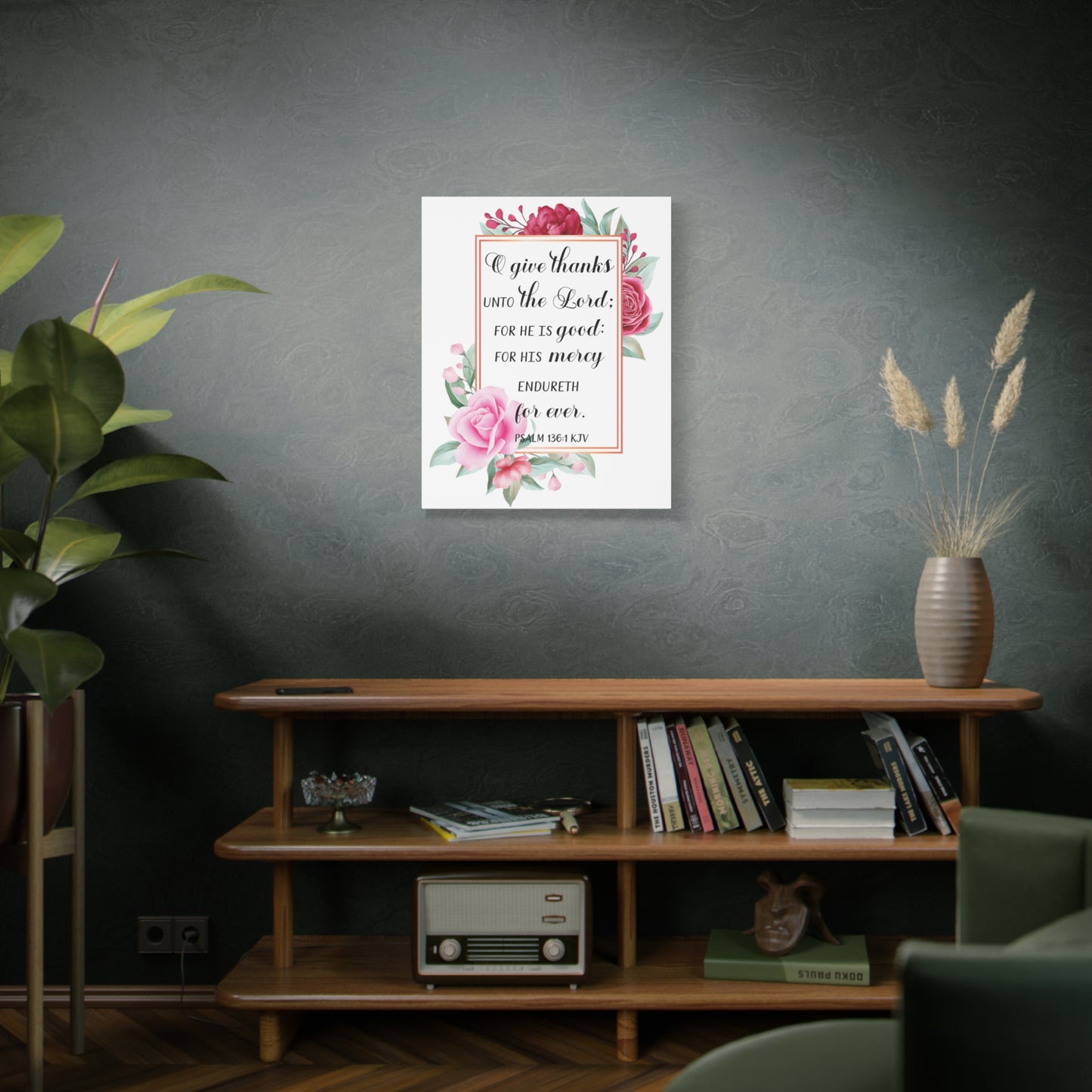Scripture Canvas Give Thanks Psalm 136:1 Christian Wall Art Bible Verse Print Ready to Hang