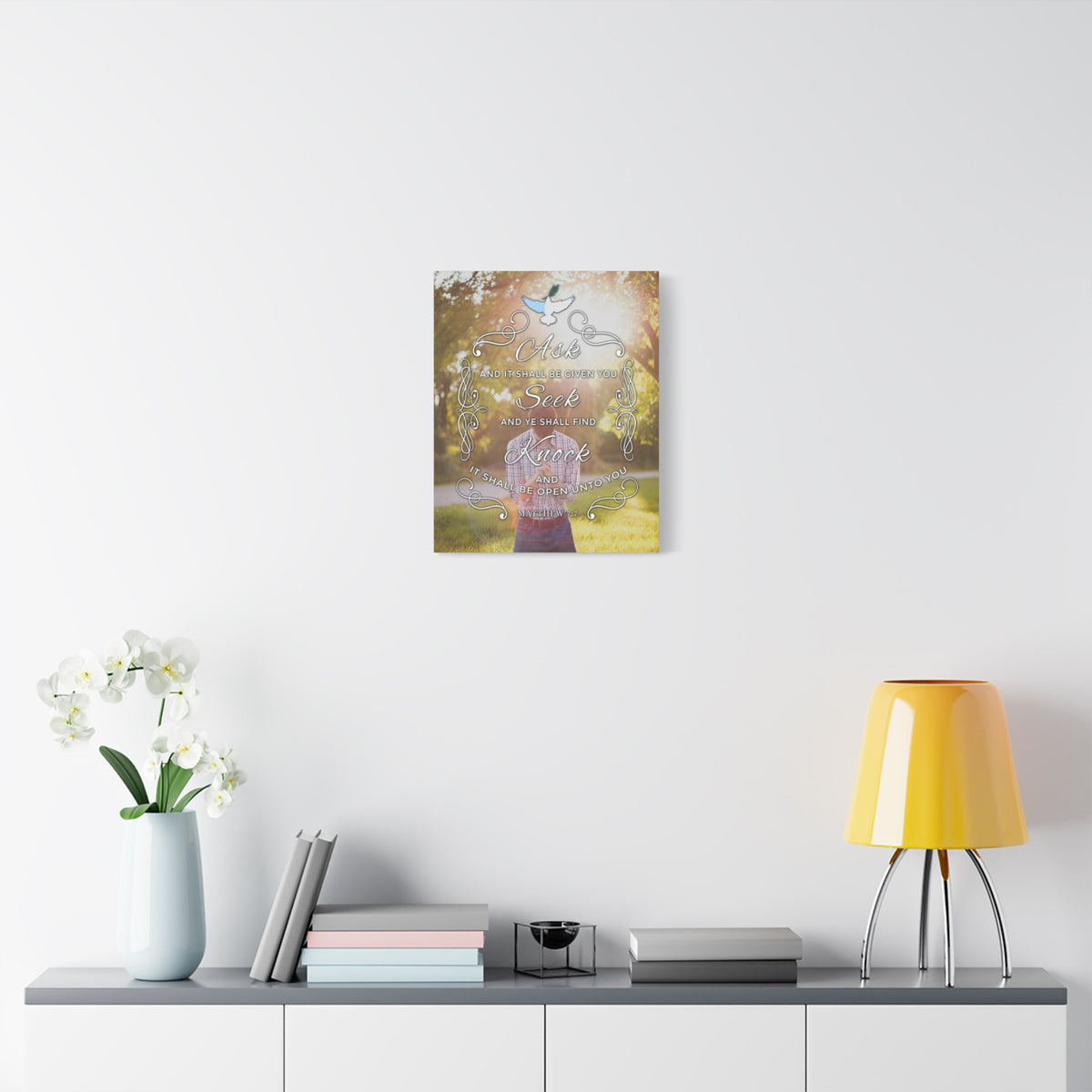 Scripture Canvas Ask Seek Knock Matthew 7:7 Christian Wall Art Bible Verse Print Ready to Hang