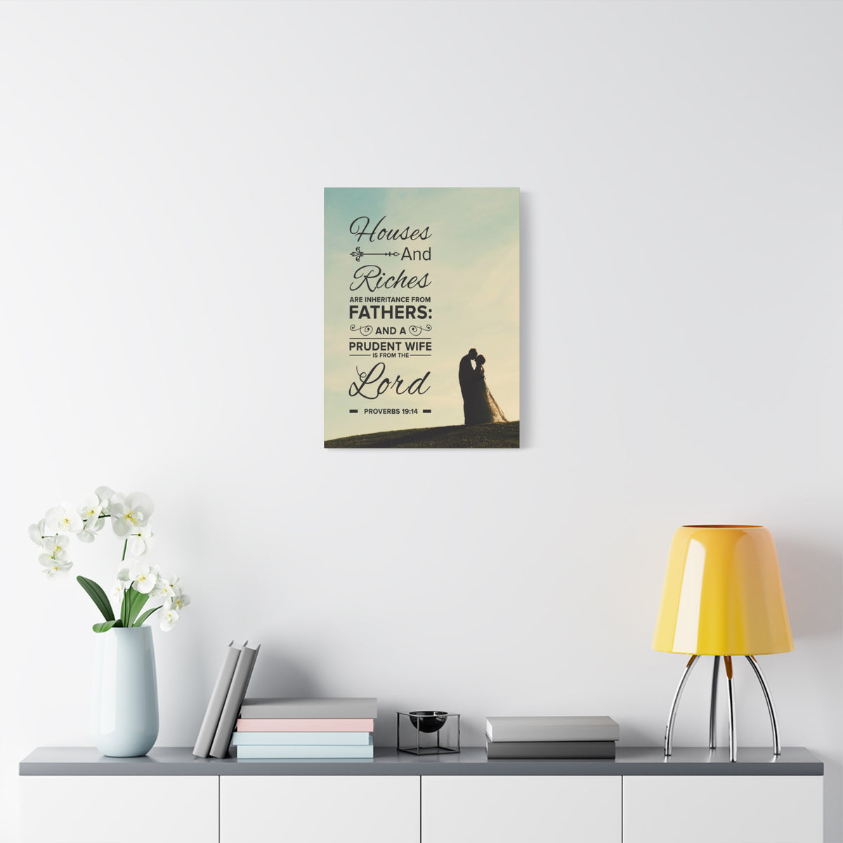 Scripture Canvas House and Riches Proverbs 19:14 Christian Wall Art Bible Verse Print Ready to Hang